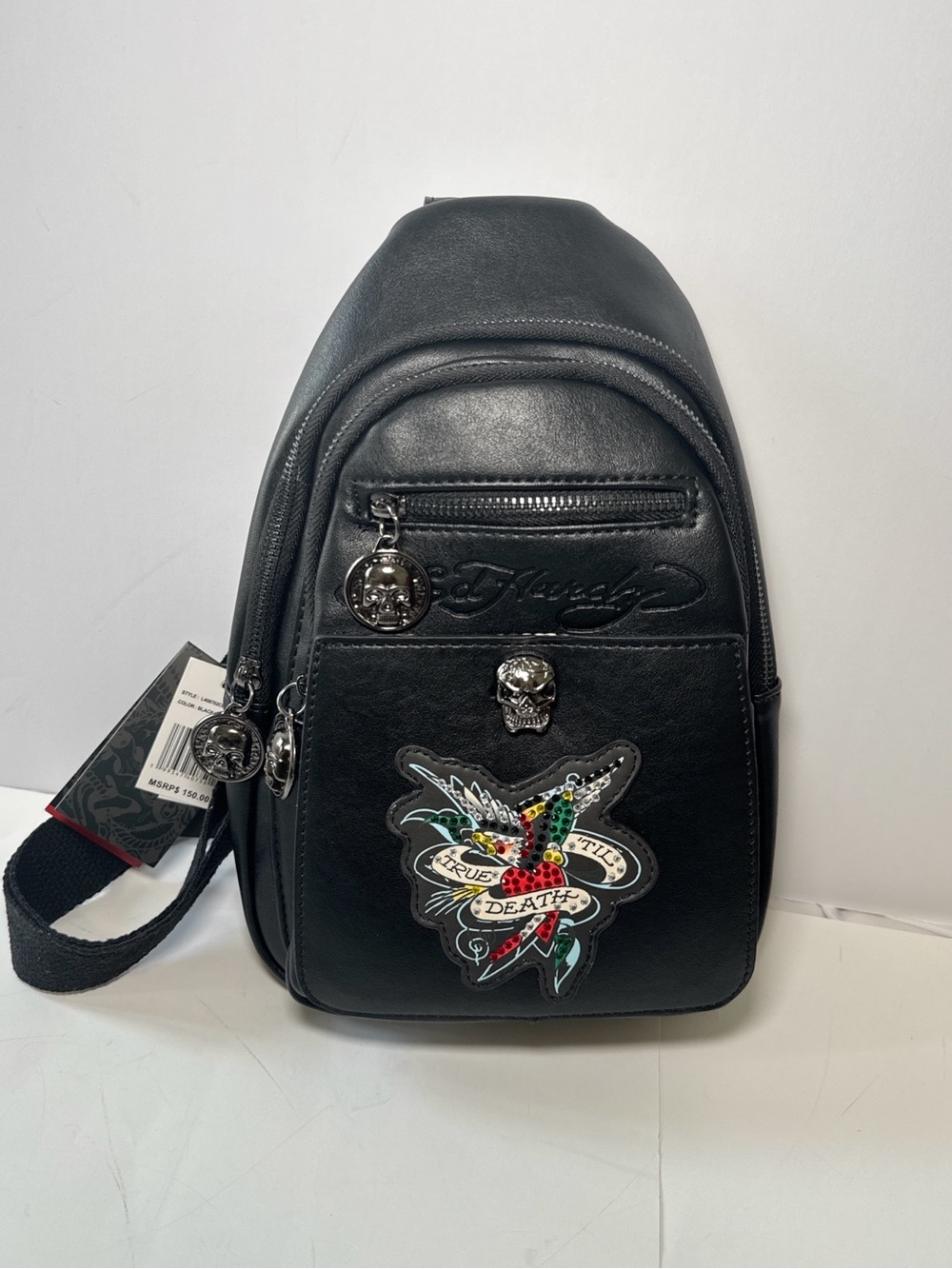 Ed Hardy Mini Backpack Skull Logo Black Faux Leather Crossbody Sling Bag Y2K